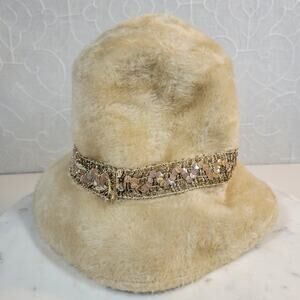VTG Polsky's Dept Store Womens Cloche Hat Cream Faux Fur Bucket Sequin Band